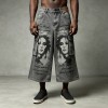 Spray Dye DTG Print Acid Washed Cargo Capri Jeans | Loose Wide Leg Multi Pocket High Waist | Streetwear Manufacturer