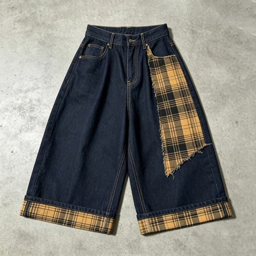 Frayed Plaid Patchwork Wide Leg Cropped Capri Jeans | Vintage Hip Hop Streetwear | Clothing Manufacturer