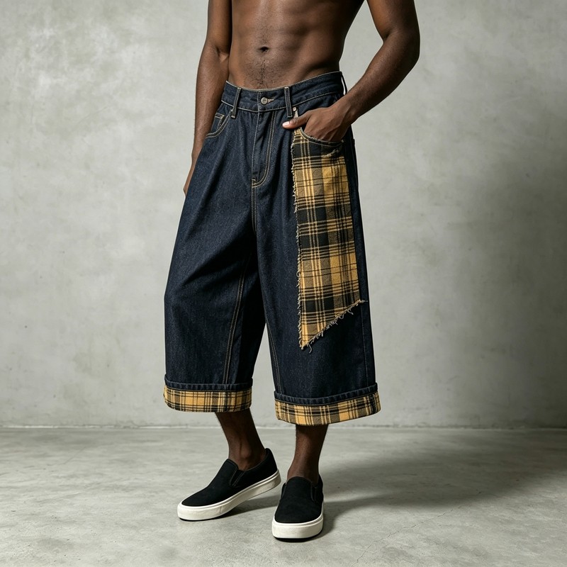 Frayed Plaid Patchwork Wide Leg Cropped Capri Jeans