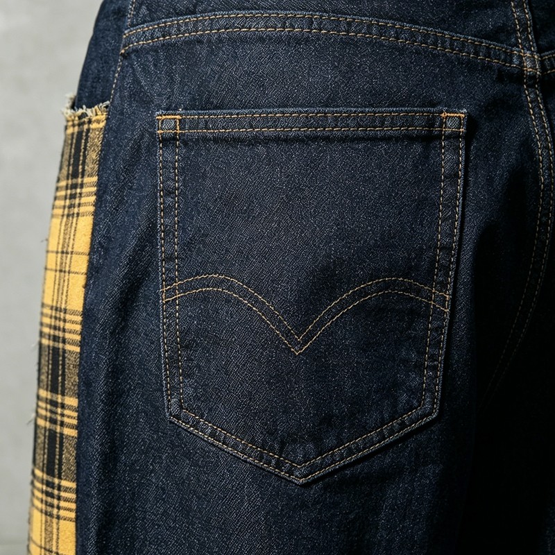 Frayed Plaid Patchwork Wide Leg Cropped Capri Jeans