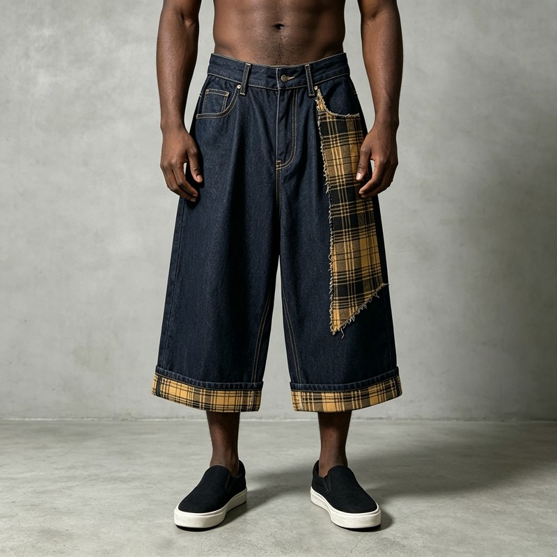 Frayed Plaid Patchwork Wide Leg Cropped Capri Jeans