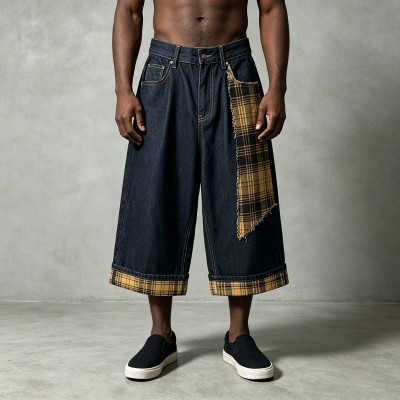 Frayed Plaid Patchwork Wide Leg Cropped Capri Jeans | Vintage Hip Hop Streetwear | Clothing Manufacturer