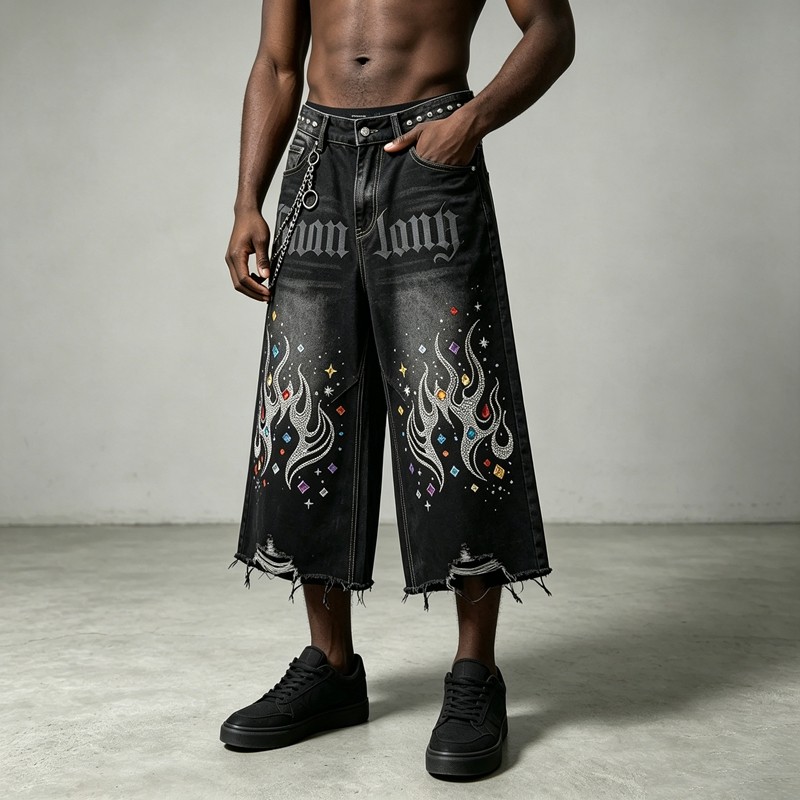 Rhinestone Flame Screen Print Capri Jeans