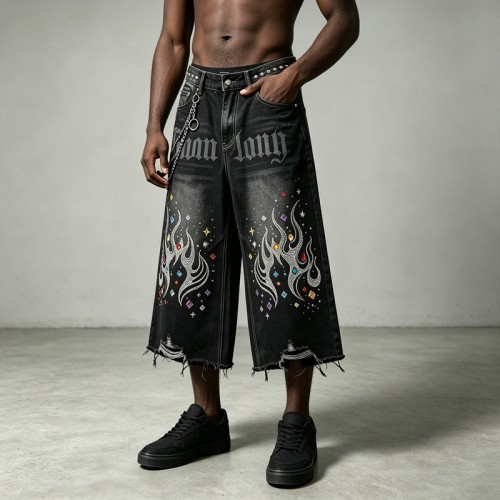 Rhinestone Flame Screen Print Capri Jeans | Bead Embellished | Distressed Raw Edge | Streetwear Manufacturer