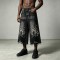 Rhinestone Flame Screen Print Capri Jeans | Bead Embellished | Distressed Raw Edge | Streetwear Manufacturer