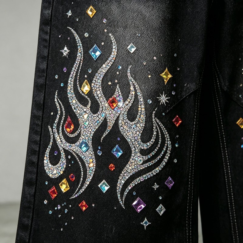 Rhinestone Flame Screen Print Capri Jeans
