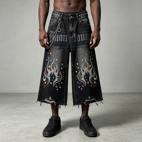 Rhinestone Flame Screen Print Capri Jeans | Bead Embellished | Distressed Raw Edge | Streetwear Manufacturer
