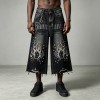 Rhinestone Flame Screen Print Capri Jeans | Bead Embellished | Distressed Raw Edge | Streetwear Manufacturer