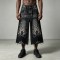 Rhinestone Flame Screen Print Capri Jeans | Bead Embellished | Distressed Raw Edge | Streetwear Manufacturer