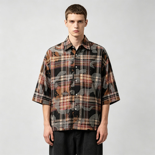 Rhinestone Plaid Oversized Shirt | 100% Cotton Turn-down Collar | Y2K Hip Hop Casual Wear | OEM Streetwear