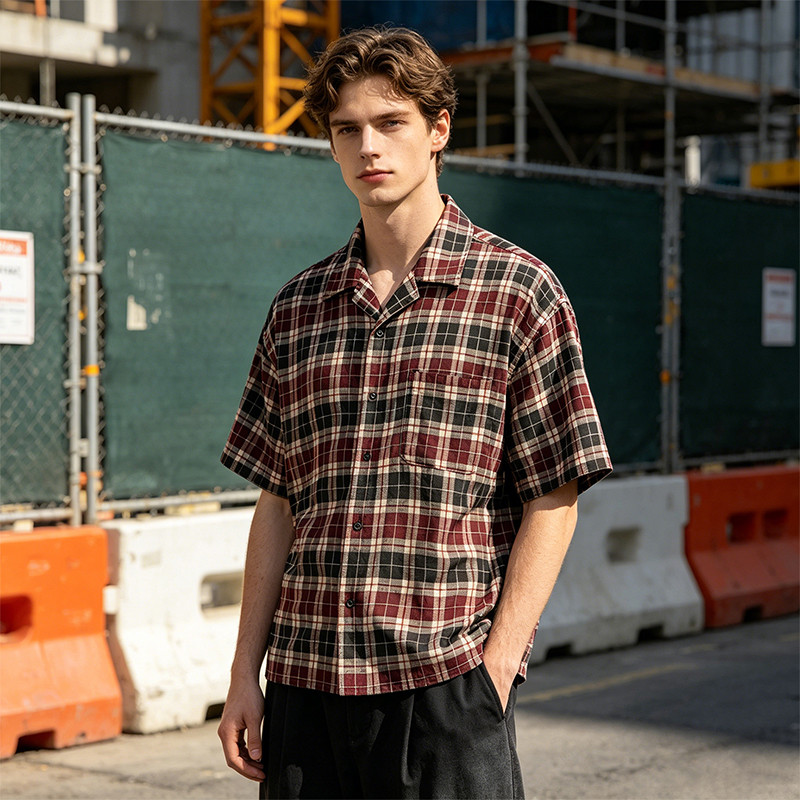Screen Print Plaid Short Sleeve Shirt