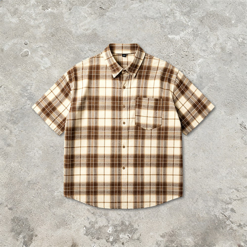 Back Screen Print Plaid Short Sleeve Shirt | 100% Cotton | Chest Pocket Collar Top | Custom Streetwear