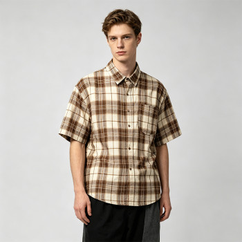 Back Screen Print Plaid Short Sleeve Shirt | 100% Cotton | Chest Pocket Collar Top | Custom Streetwear
