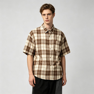 Back Screen Print Plaid Short Sleeve Shirt | 100% Cotton | Chest Pocket Collar Top | Custom Streetwear