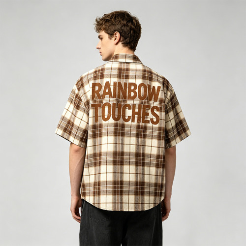 Back Screen Print Plaid Short Sleeve Shirt | 100% Cotton | Chest Pocket Collar Top | Custom Streetwear