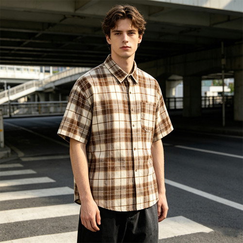 Back Screen Print Plaid Short Sleeve Shirt | 100% Cotton | Chest Pocket Collar Top | Custom Streetwear