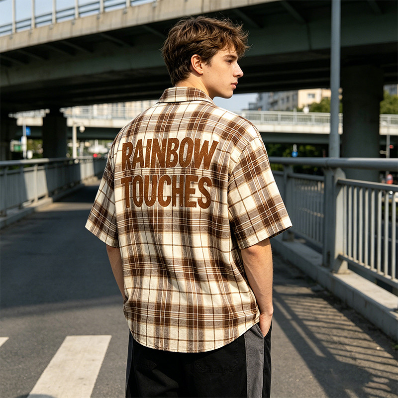 Back Screen Print Plaid Short Sleeve Shirt
