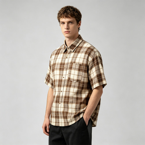 Back Screen Print Plaid Short Sleeve Shirt | 100% Cotton | Chest Pocket Collar Top | Custom Streetwear