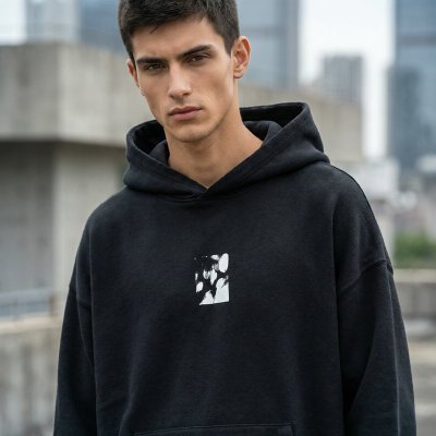 Oversized Black Streetwear Hoodie for Men - Heavyweight Cotton Fleece Custom Hoodie