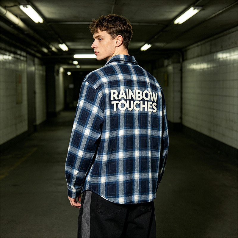 Back Applique Letter Plaid Long Sleeve Shirt