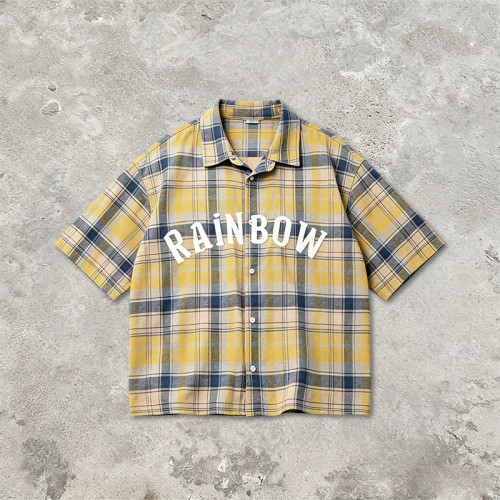 Washed Rubber Print Plaid Short Sleeve Shirt | 100% Cotton Oversized | Turn-down Collar Top | Clothing Manufacturer