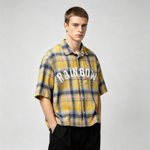 Washed Rubber Print Plaid Short Sleeve Shirt | 100% Cotton Oversized | Turn-down Collar Top | Clothing Manufacturer