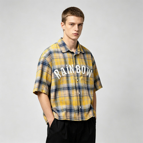 Washed Rubber Print Plaid Short Sleeve Shirt | 100% Cotton Oversized | Turn-down Collar Top | Clothing Manufacturer
