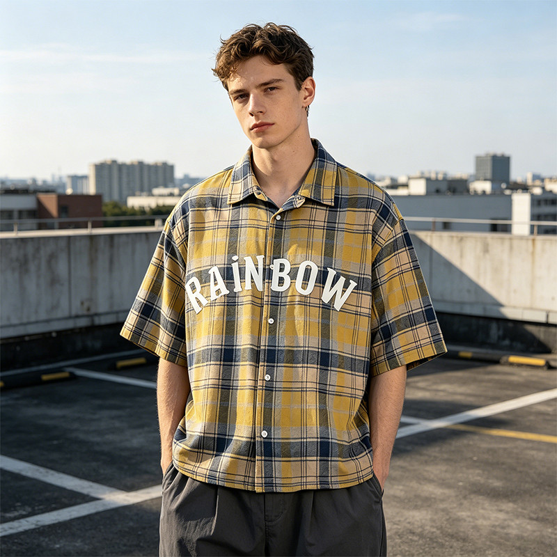Washed Rubber Print Plaid Short Sleeve Shirt