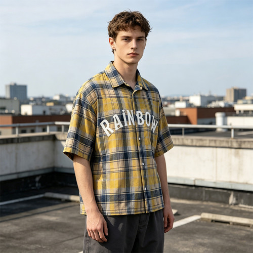 Washed Rubber Print Plaid Short Sleeve Shirt | 100% Cotton Oversized | Turn-down Collar Top | Clothing Manufacturer