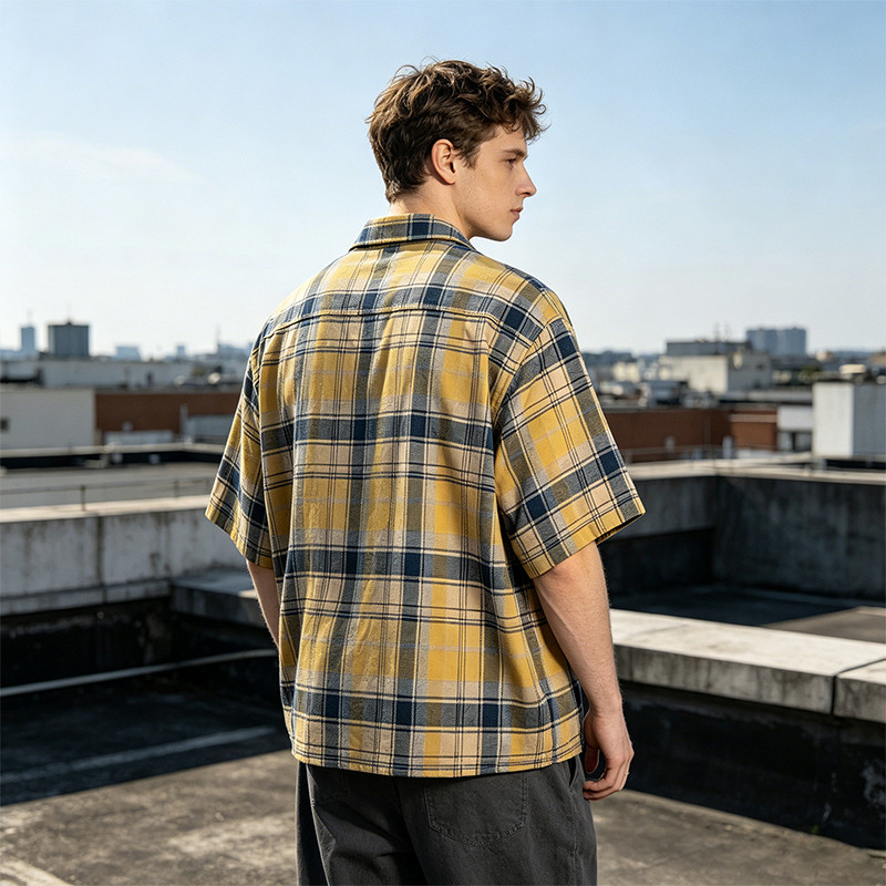 Washed Rubber Print Plaid Short Sleeve Shirt