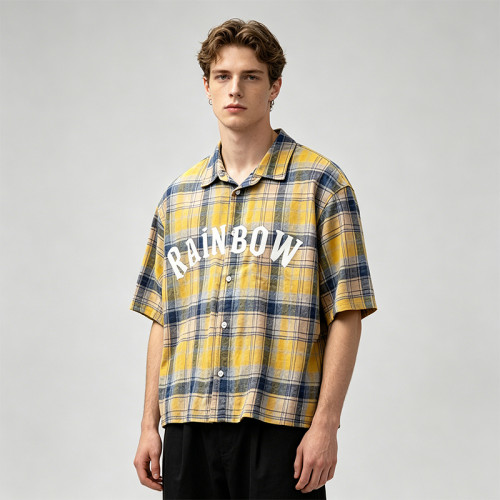 Washed Rubber Print Plaid Short Sleeve Shirt | 100% Cotton Oversized | Turn-down Collar Top | Clothing Manufacturer