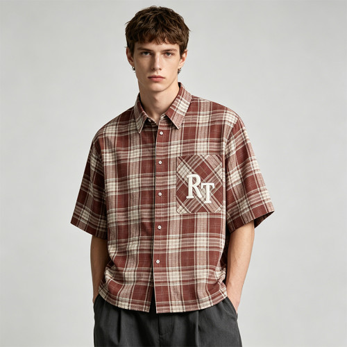 Embroidered Rubber Print Plaid Short Sleeve Shirt | 100% Cotton | Custom Streetwear Manufacturer