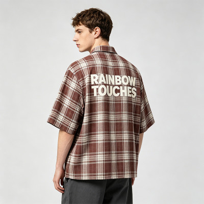 Embroidered Rubber Print Plaid Short Sleeve Shirt | 100% Cotton | Custom Streetwear Manufacturer