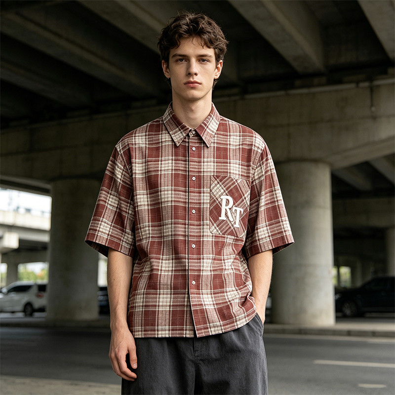 Embroidered Rubber Print Plaid Short Sleeve Shirt