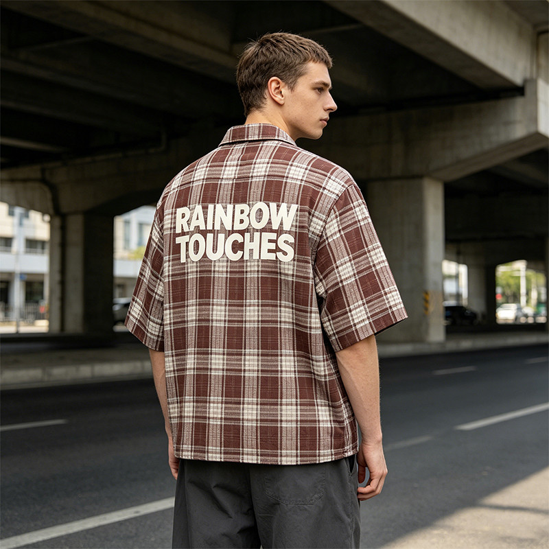 Embroidered Rubber Print Plaid Short Sleeve Shirt