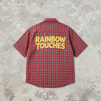 Red Plaid Screen Print Back Graphic Short Sleeve Shirt | Woven Plaid Fabric Turn-down Collar | OEM Streetwear