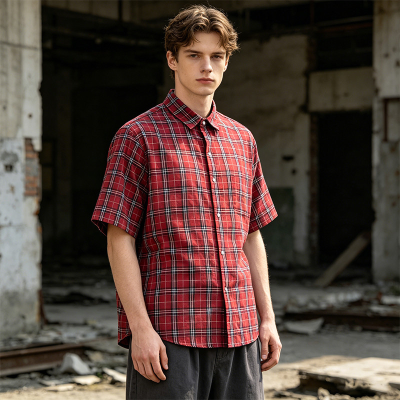 Red Plaid Screen Print Back Graphic Short Sleeve Shirt
