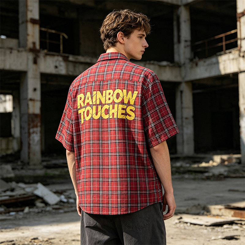 Red Plaid Screen Print Back Graphic Short Sleeve Shirt