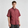 Red Plaid Screen Print Back Graphic Short Sleeve Shirt | Woven Plaid Fabric Turn-down Collar | OEM Streetwear