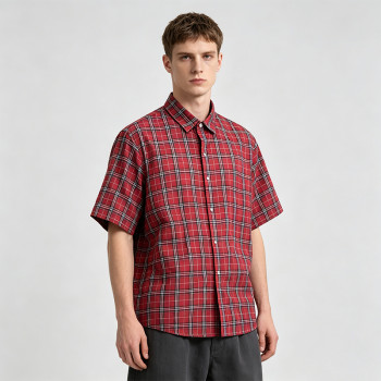 Red Plaid Screen Print Back Graphic Short Sleeve Shirt | Woven Plaid Fabric Turn-down Collar | OEM Streetwear