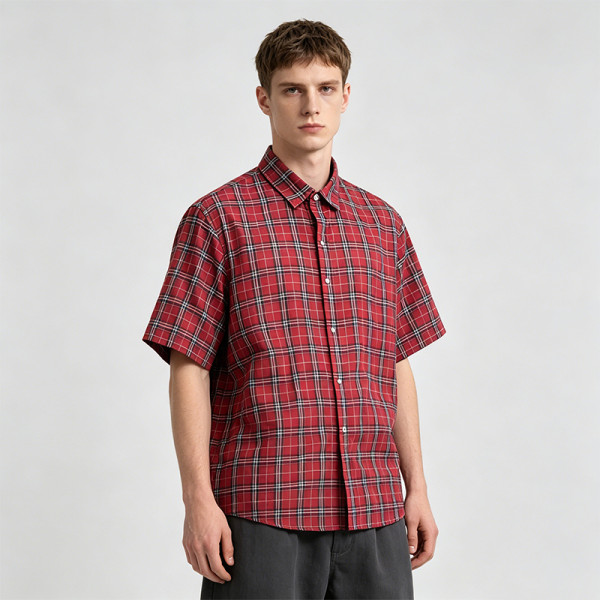 Red Plaid Screen Print Back Graphic Short Sleeve Shirt | Woven Plaid Fabric Turn-down Collar | OEM Streetwear