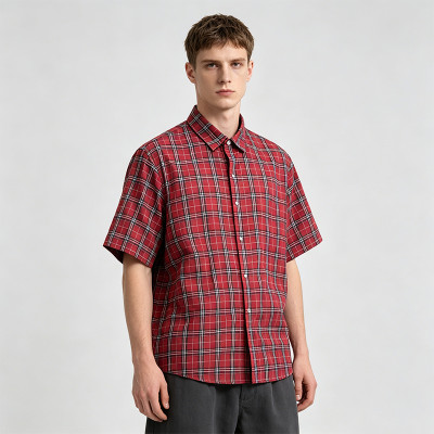 Red Plaid Screen Print Back Graphic Short Sleeve Shirt | Woven Plaid Fabric Turn-down Collar | OEM Streetwear