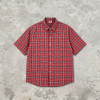 Red Plaid Screen Print Back Graphic Short Sleeve Shirt | Woven Plaid Fabric Turn-down Collar | OEM Streetwear