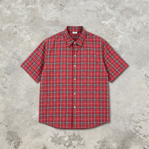 Red Plaid Screen Print Back Graphic Short Sleeve Shirt | Woven Plaid Fabric Turn-down Collar | OEM Streetwear