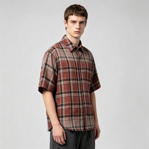Distressed Spray Dye Plaid Short Sleeve Shirt | Frayed Raw Edge | 100% Cotton Woven Plaid Fabric | OEM Streetwear