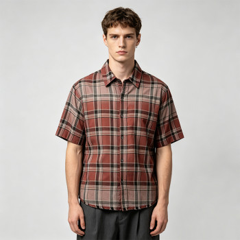 Distressed Spray Dye Plaid Short Sleeve Shirt | Frayed Raw Edge | 100% Cotton Woven Plaid Fabric | OEM Streetwear