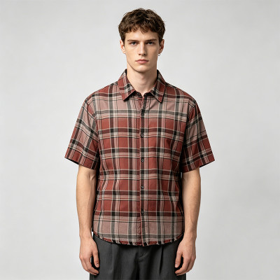 Distressed Spray Dye Plaid Short Sleeve Shirt | Frayed Raw Edge | 100% Cotton Woven Plaid Fabric | OEM Streetwear