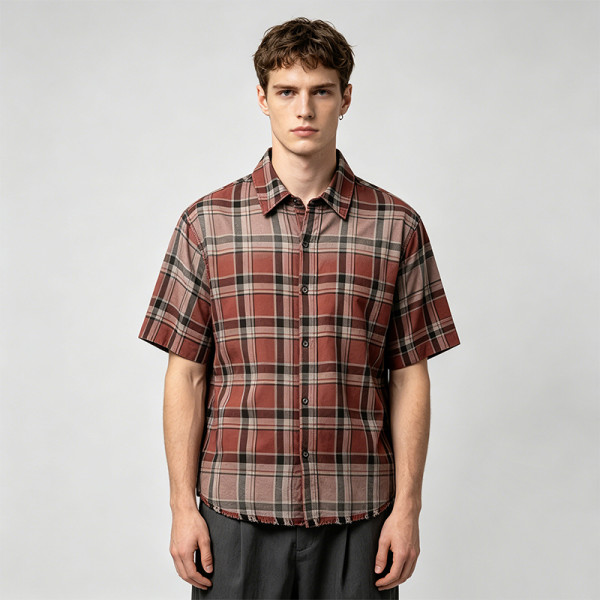 Distressed Spray Dye Plaid Short Sleeve Shirt | Frayed Raw Edge | 100% Cotton Woven Plaid Fabric | OEM Streetwear