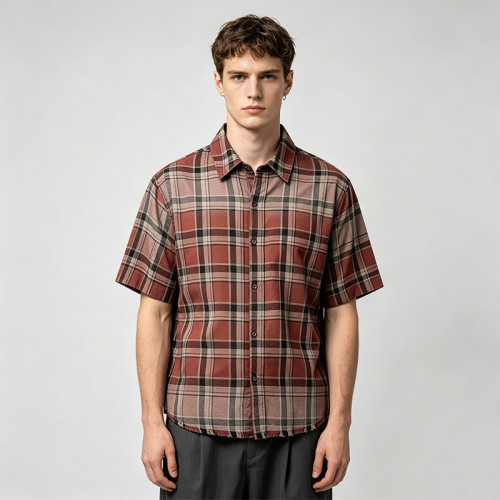 Distressed Spray Dye Plaid Short Sleeve Shirt | Frayed Raw Edge | 100% Cotton Woven Plaid Fabric | OEM Streetwear