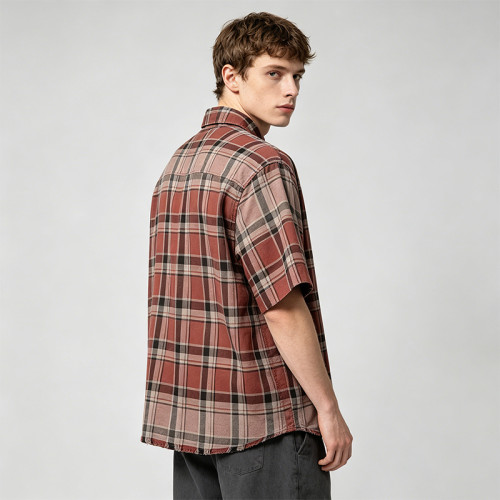 Distressed Spray Dye Plaid Short Sleeve Shirt | Frayed Raw Edge | 100% Cotton Woven Plaid Fabric | OEM Streetwear